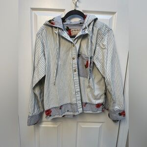 Blue Striped shirt Jacket with Floral Details